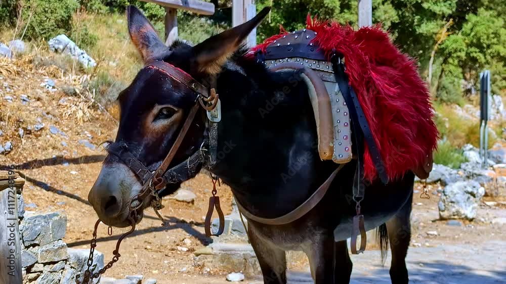 Vidéo Stock Landscape of beautiful donkey blinking with saddle on back ...