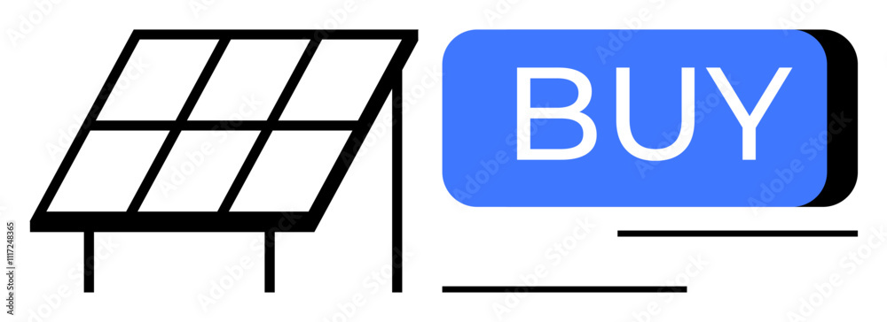 Solar panel alongside a prominent blue BUY button. Ideal for e-commerce, renewable energy, online shopping, sustainability, green technology, eco-friendly products, digital marketing. Line metaphor