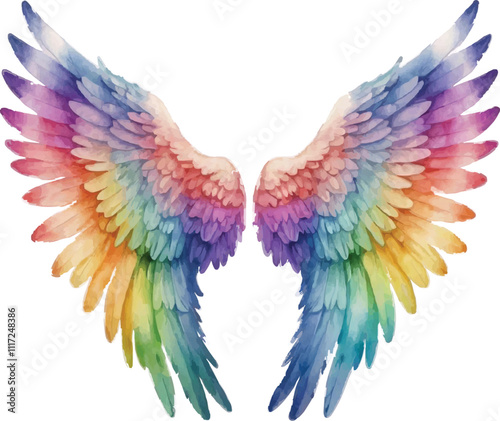 Rainbow angel wings watercolor illustration isolated on white background