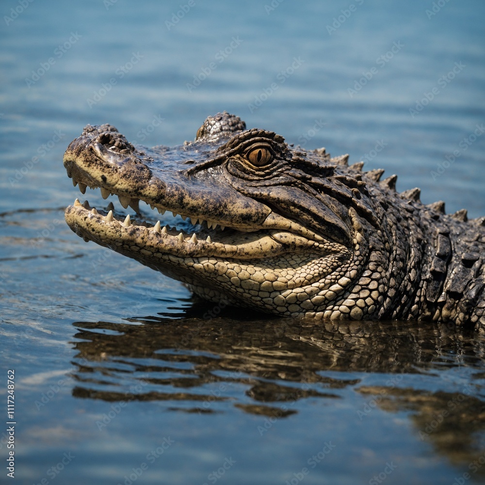 A caiman lounging near the water, blending into its environment with the clean sky behind.
A caiman lounging near the water, blending into its environment with the clean sky behind.