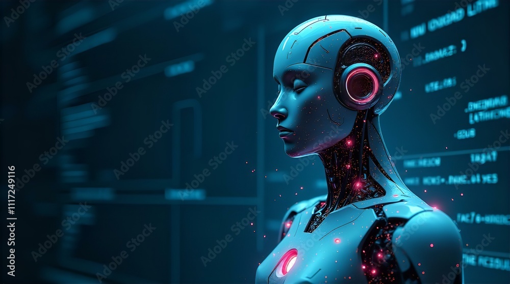 Futuristic Female Robot in a Data Center, Close-up Profile, Glowing Internal Mechanisms, Neon Blue and Pink Lighting Futuristic Female Robot in a Data Center, Close-up Profile, Glowing Internal Mechanisms, Neon Blue and Pink Lighting