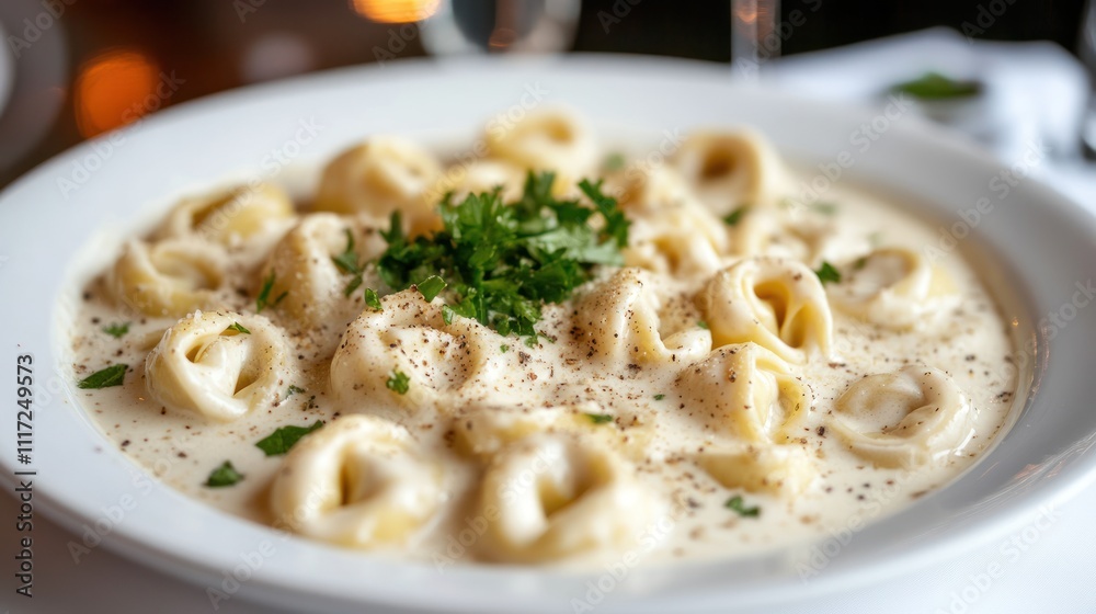 A plate of tortellini in creamy Alfredo sauce, garnished with cracked pepper and fresh parsley, served on a fine white plate A plate of tortellini in creamy Alfredo sauce, garnished with cracked pepper and fresh parsley, served on a fine white plate