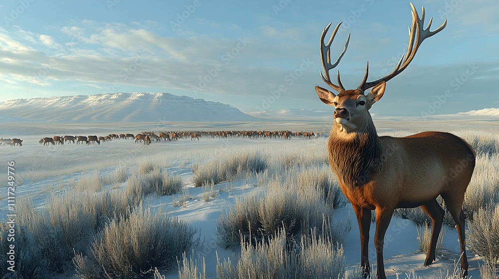 Majestic elk stands in snowy landscape, herd in background. Majestic elk stands in snowy landscape, herd in background.