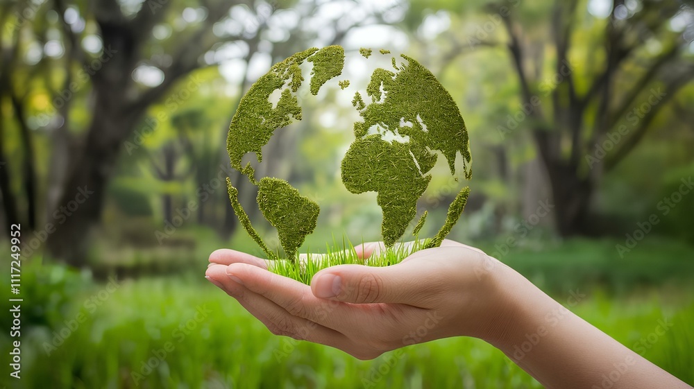 green energy and save energy. Ecology, Sustainable clean industrial factories, hand holding a Green Globe with renewable energy sources iconEarth in our hands, a green future through global environmen green energy and save energy. Ecology, Sustainable clean industrial factories, hand holding a Green Globe with renewable energy sources iconEarth in our hands, a green future through global environmen