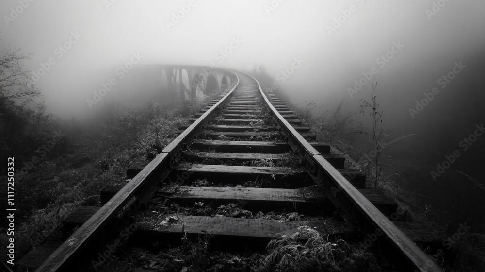 Fototapeta premium An abandoned train track disappearing into the fog, creating a haunting atmosphere.