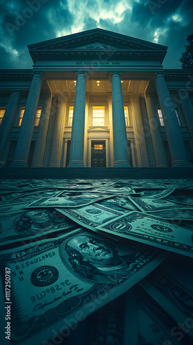 Blue glowing dollar bills scattered on the ground in front of a digital-style dark background, symbolizing wealth, financial power, and futuristic economy, ideal for technology, finance, and cryptocur photo