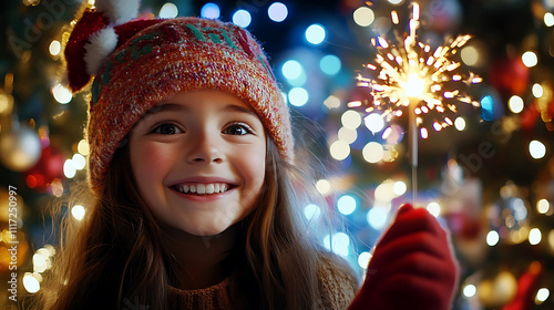 Happy young girl holds fireworks in front of a beautifully decorated Christmas tree. smiling excitedly Have fun celebrating Christmas with bright colors and warmth.