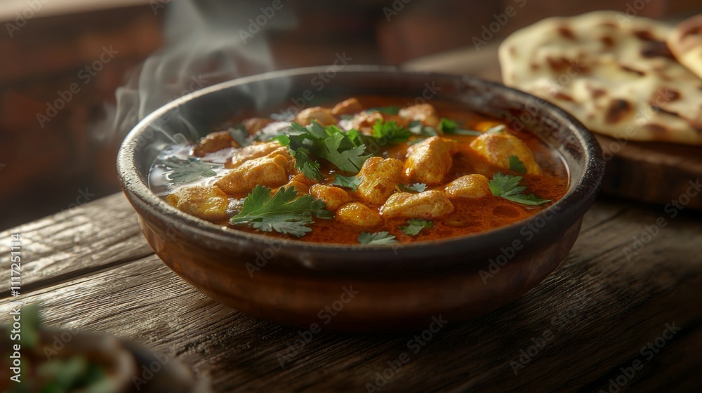 Steaming Hot Spicy Chicken Curry with Naan Bread Rustic Wooden Table Steaming Hot Spicy Chicken Curry with Naan Bread Rustic Wooden Table