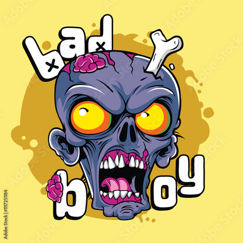 Cartoon zombie head with exposed brain and bone, bold "Bad Boy" text on yellow background
