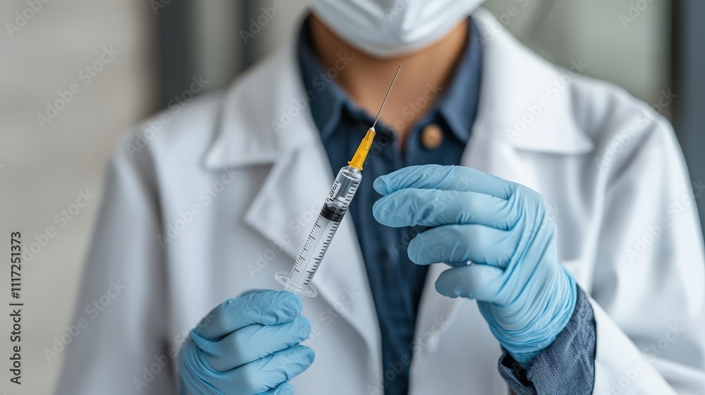 A healthcare professional in gloves holds a syringe with a vaccine, emphasizing safety and medical care. A healthcare professional in gloves holds a syringe with a vaccine, emphasizing safety and medical care.