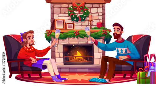 Couple celebrates holiday evening beside stone fireplace with champagne toast. Winter holiday home interior with decorated chimney with Christmas wreath, greenery and candles, wrapped gift boxes.