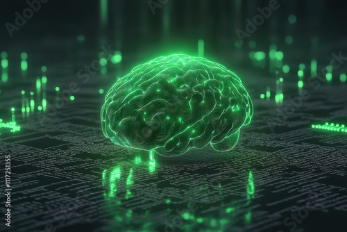 A glowing green brain on a digital background, symbolizing technology and intelligence. photo