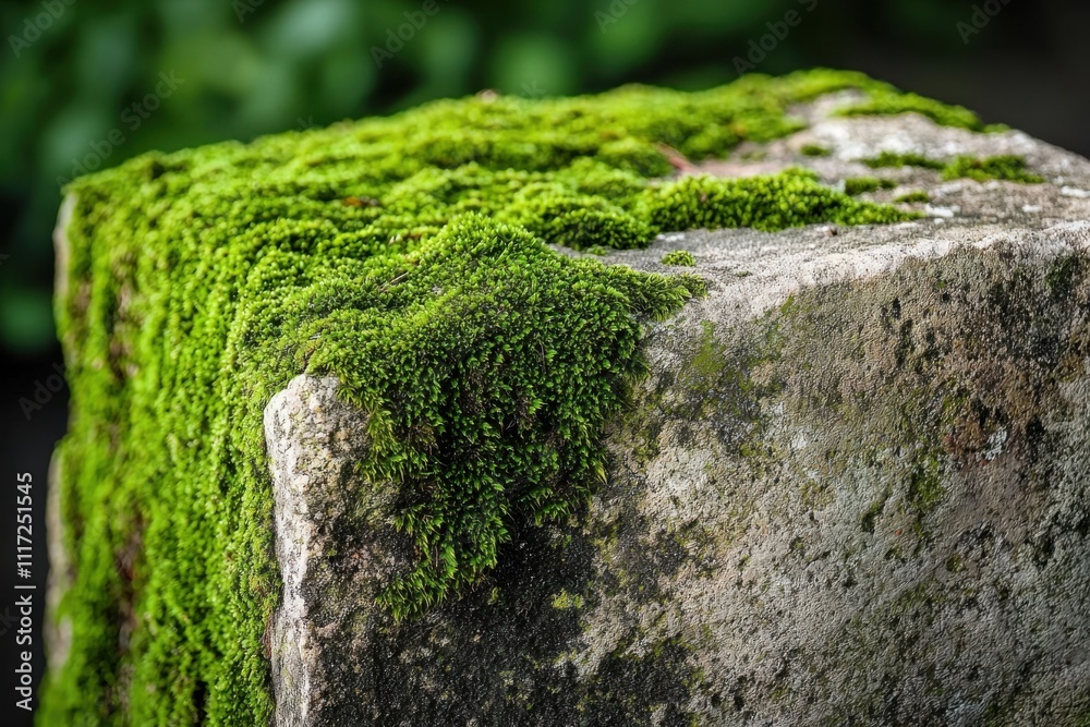 Green moss growing on a gray stone block. Green moss growing on a gray stone block.