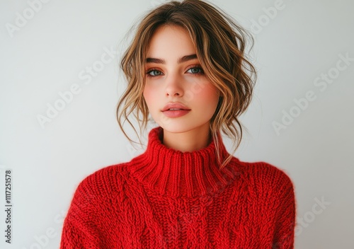 Young woman with wavy hair wearing cozy red sweater against neutral background, showcasing beauty and fashion style for lifestyle and portrait photography.