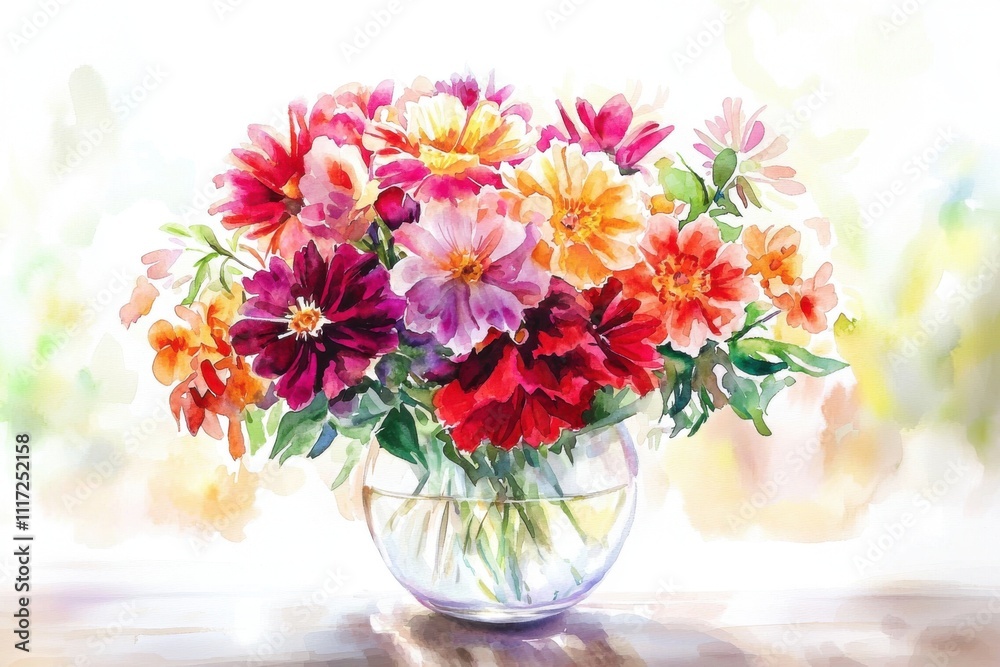 Colorful bouquet in glass vase by sunny window. Colorful bouquet in glass vase by sunny window.