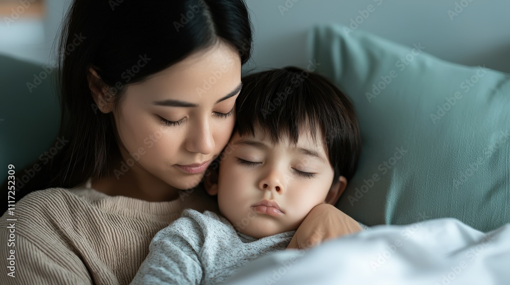A mother gently cradles her sleeping child, showcasing a tender moment of love and comfort in a cozy setting. A mother gently cradles her sleeping child, showcasing a tender moment of love and comfort in a cozy setting.