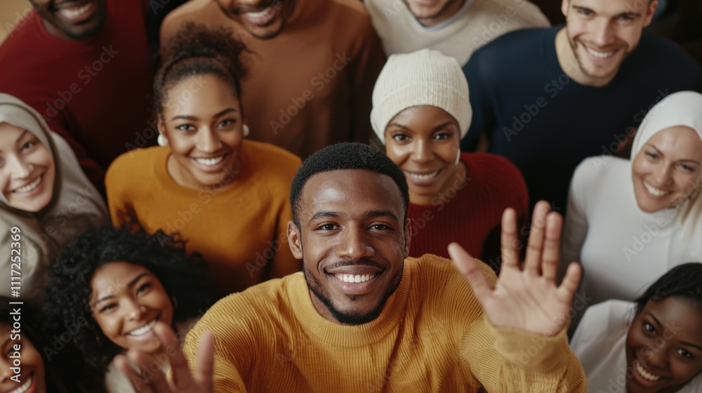 Group of diverse people smiling and waving at the camera in a warm and joyful indoor setting. Group of diverse people smiling and waving at the camera in a warm and joyful indoor setting.