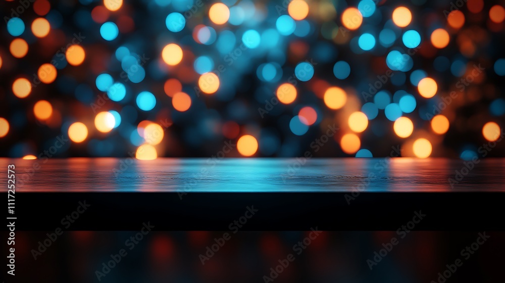 A modern black table illuminated by soft golden light, with colorful blurred festive garlands of blue and silver glowing in the background, evoking a sophisticated holiday ambiance, hd resolution, A modern black table illuminated by soft golden light, with colorful blurred festive garlands of blue and silver glowing in the background, evoking a sophisticated holiday ambiance, hd resolution,