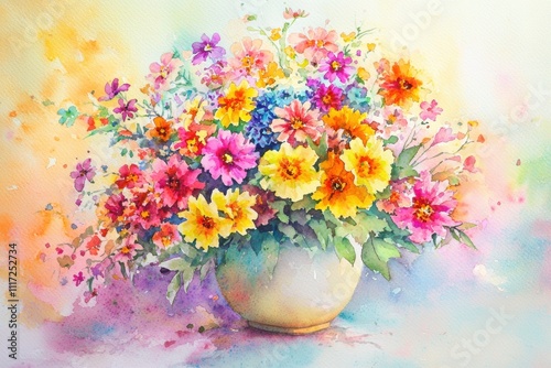 Watercolor painting of colorful flowers in a vase.
