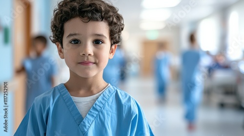 A young boy in blue scrubs stands confidently in a hospital corridor, surrounded by blurred figures in medical attire.