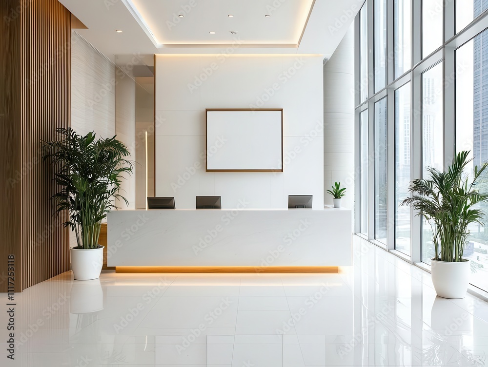 Elegant minimalist hotel reception with a floating glass desk, white marble floors, and soft lighting, floating glass reception, luxurious, sleek Elegant minimalist hotel reception with a floating glass desk, white marble floors, and soft lighting, floating glass reception, luxurious, sleek