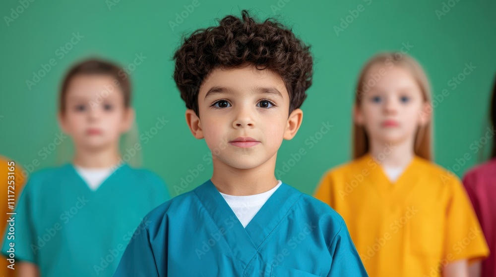 A young boy in scrubs stands confidently in front of three children wearing colorful outfits, set against a green background. A young boy in scrubs stands confidently in front of three children wearing colorful outfits, set against a green background.