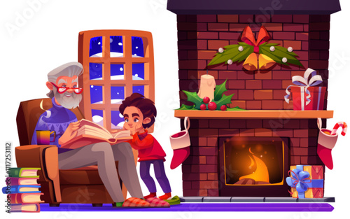 Cartoon cozy Christmas home scene with grandfather reading book to child boy near winter snowy window, brick fireplace decorated with bells, candles and holly, stockings beside burning fire, gift box.