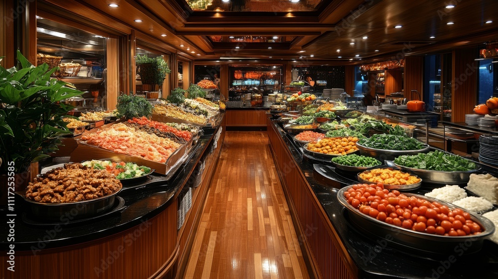 Guests are welcomed to a lavish buffet adorned with colorful displays of fresh vegetables and fruits, creating an inviting dining atmosphere. Guests are welcomed to a lavish buffet adorned with colorful displays of fresh vegetables and fruits, creating an inviting dining atmosphere.