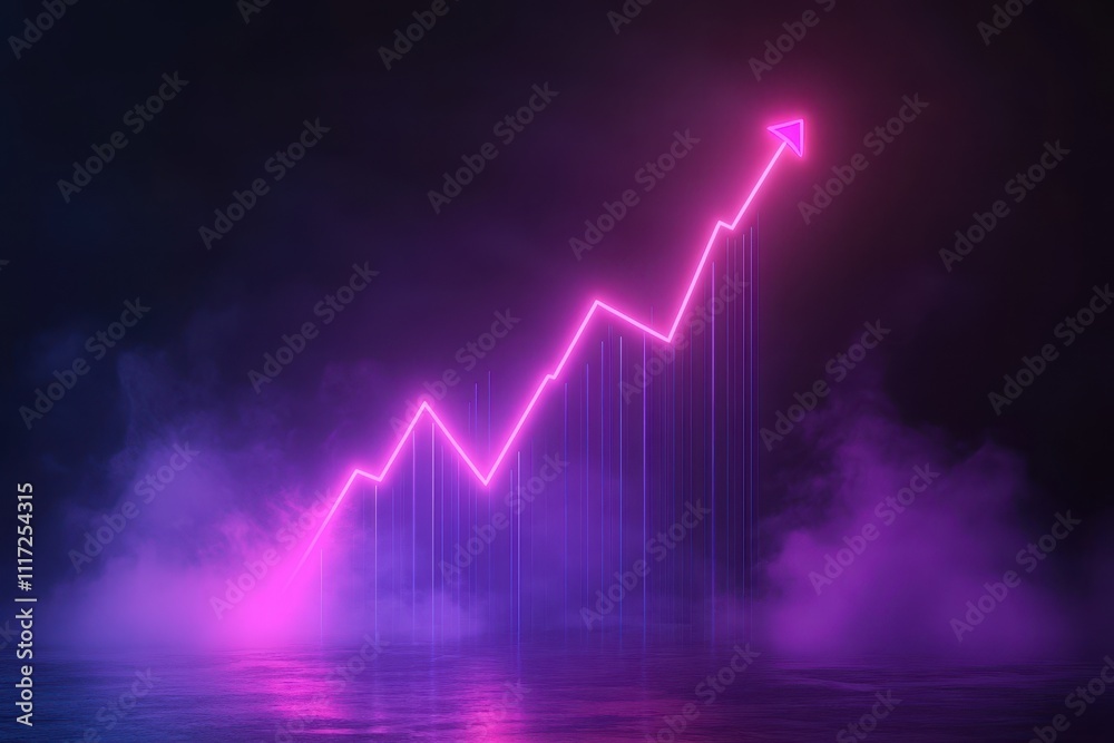 Neon pink upward arrow graph in dark scene. Illustrates growth, success, and positive trends. Neon pink upward arrow graph in dark scene. Illustrates growth, success, and positive trends.