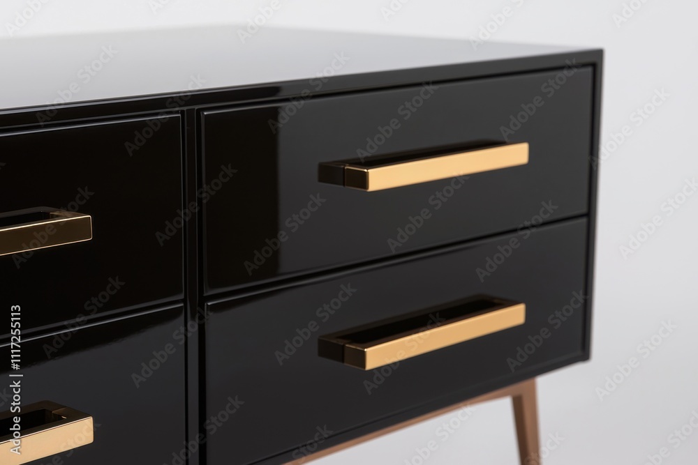 Black dresser with gold handles, modern furniture.