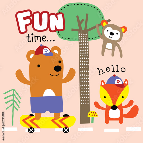 Cute cartoon bear on skateboard, fox waving, and monkey hanging from tree with playful FUN time and hello text. Fun kids outdoor adventure concept
