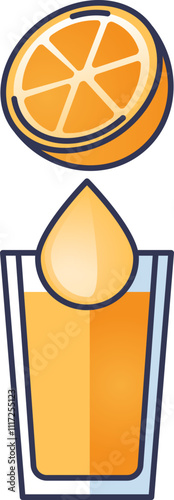 Illustration of an orange slice and juice drop above a glass, symbolizing freshness.