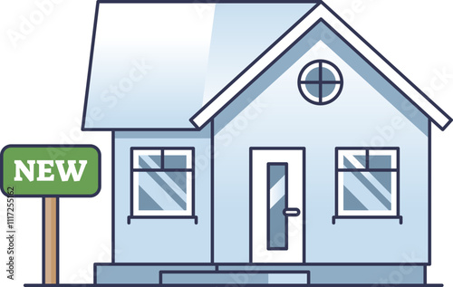 Illustration of a new home with a sign, symbolizing fresh beginnings.