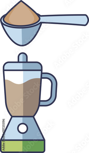 Illustration of a scoop of supplement powder and a blender, symbolizing nutrition and fitness.