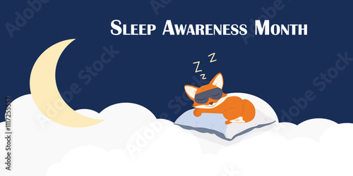 National Sleep Awareness Month is in March. A fox is sleeping on pillows with a sleep mask on her face.