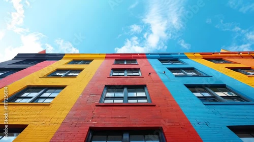 vibrant building facade with colorful stripes under blue sky