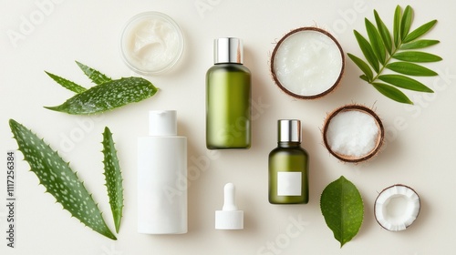 Flat Lay Composition of Eco-Friendly Skincare Products Surrounded by Natural Elements for Aesthetic and Wellness Photography