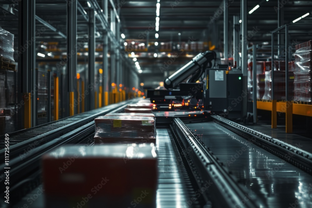 An automated warehouse with advanced robotics. Packages move swiftly along the conveyor. This image showcases efficiency and modern technology. Generative AI An automated warehouse with advanced robotics. Packages move swiftly along the conveyor. This image showcases efficiency and modern technology. Generative AI
