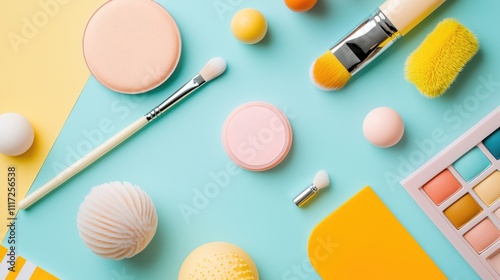 Vibrant Creative Flat Lay of Beauty Tools in Soft Pastel Colors Showcasing Makeup Brushes, Sponges, and Cosmetic Products Arranged Aesthetically photo