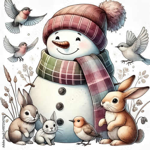 A snowman wearing a plaid scarf, surrounded by animals like rabbits and birds.