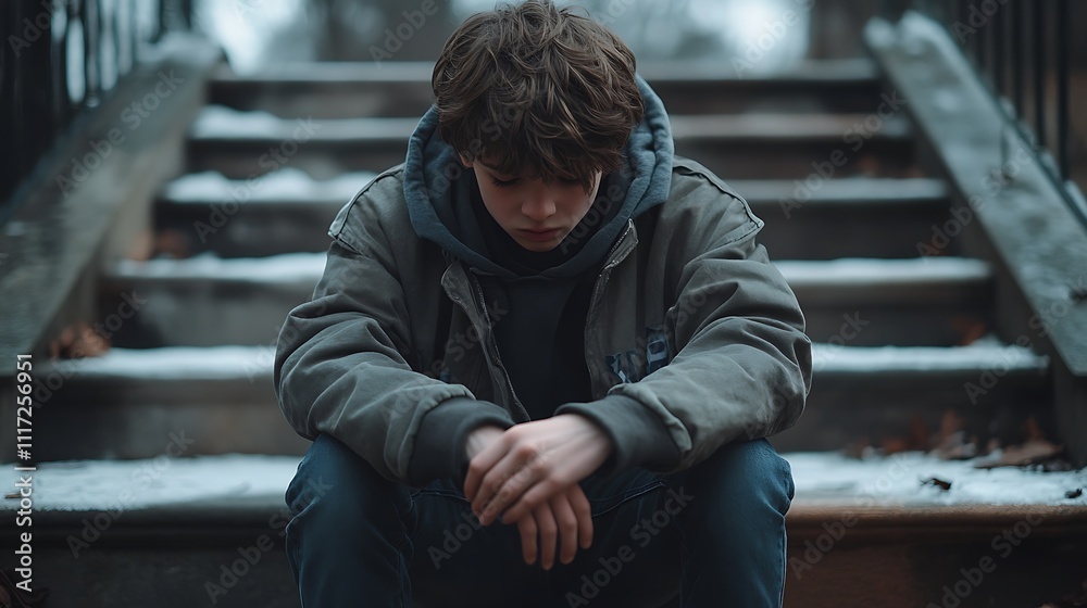 Contemplative youth sitting on steps in urban environment winter mood Contemplative youth sitting on steps in urban environment winter mood