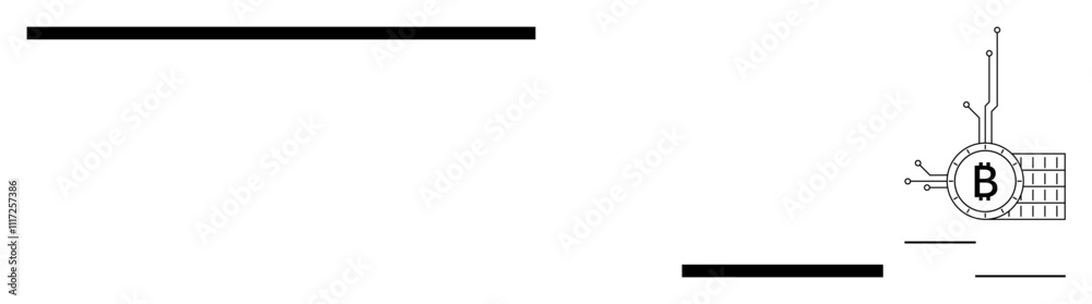 Bitcoin symbol with digital elements on the right. Black lines on white background. Ideal for financial technology, cryptocurrency, blockchain, digital finance, modern investments. Simple graphic Bitcoin symbol with digital elements on the right. Black lines on white background. Ideal for financial technology, cryptocurrency, blockchain, digital finance, modern investments. Simple graphic