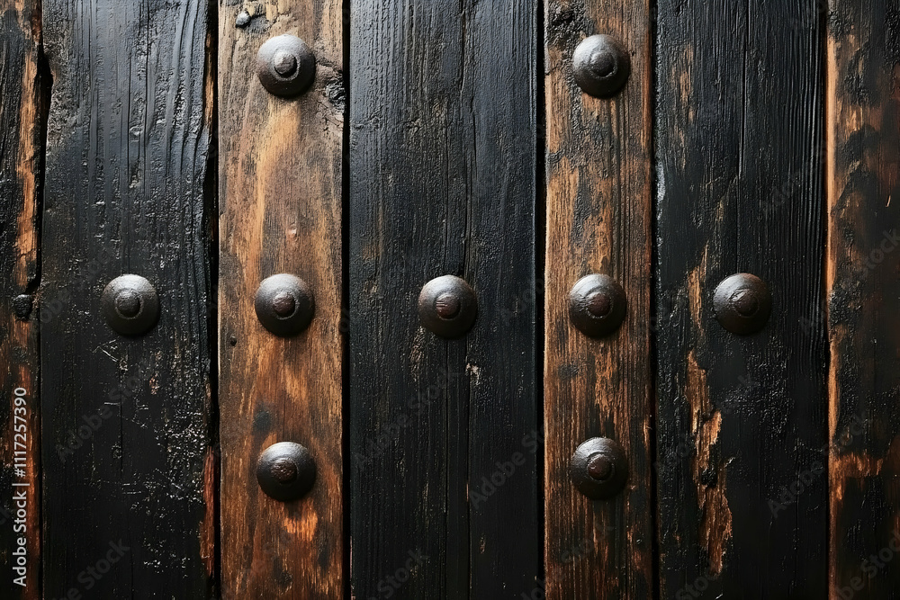 Dark brown wooden planks with metal rivets. Dark brown wooden planks with metal rivets.