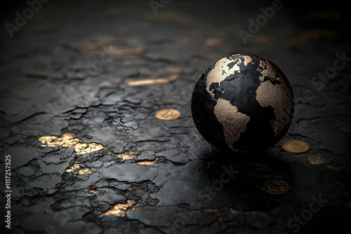 Dark globe on cracked surface with gold coins.