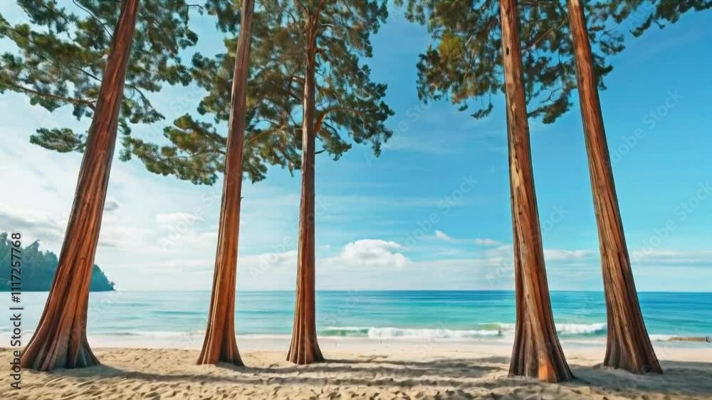 A serene beach scene framed by tall trees under a clear blue sky. A serene beach scene framed by tall trees under a clear blue sky.