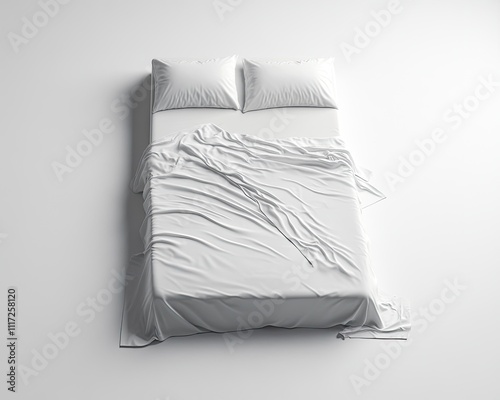 White bed with crumpled sheets. Perfect for showcasing bedding, pillows, or other bedroom items.
