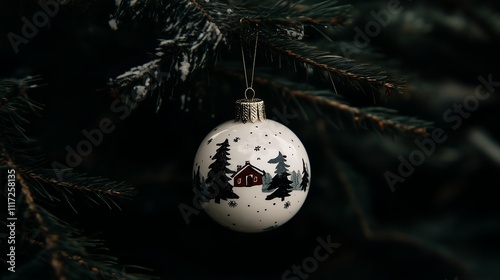 Elegant white porcelain Christmas bauble, hand-painted with a quaint forest cottage design, hanging gracefully on a festive tree, evoking timeless charm and nostalgic holiday warmth photo