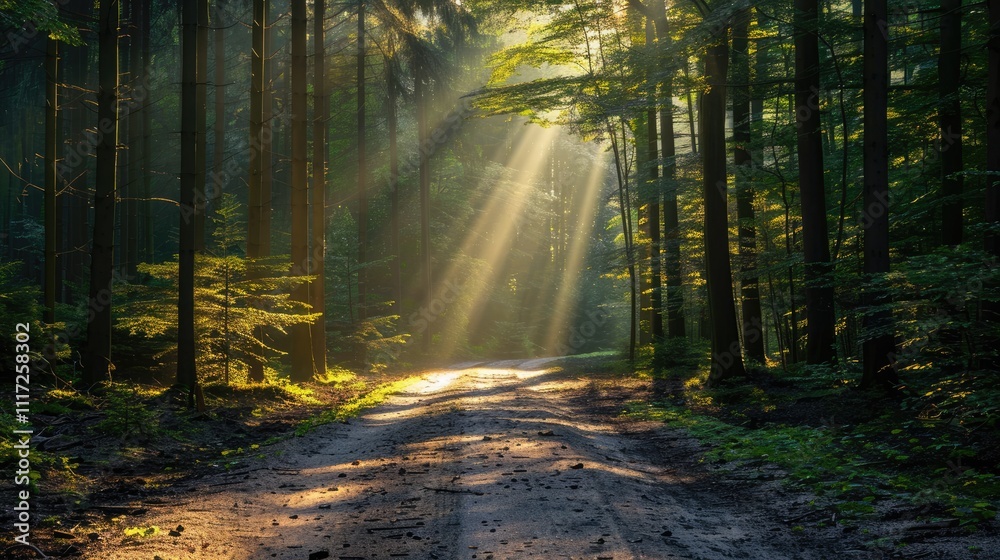 Fototapeta premium Road disappearing into a dense green forest with tall trees and dappled sunlight