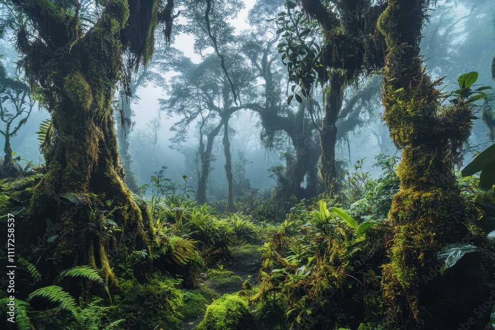 Fototapeta premium A misty forest scene with lush greenery and towering trees covered in moss.