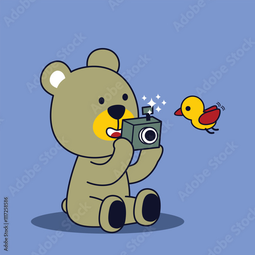 Cute cartoon bear holding vintage camera taking picture of flying bird in fun outdoor scene. Kids photography adventure concept
